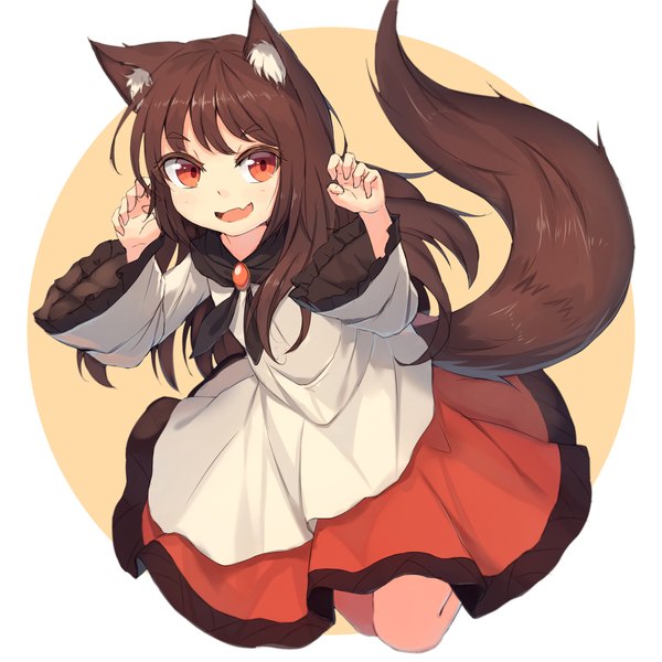 Anime picture 1280x1280 with touhou imaizumi kagerou shone single long hair looking at viewer fringe simple background smile red eyes brown hair animal ears tail long sleeves animal tail wide sleeves fang (fangs) wolf ears wolf tail paw pose