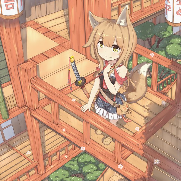 Anime picture 1920x1920 with original hinbackc single long hair fringe highres smile hair between eyes brown hair standing bare shoulders animal ears yellow eyes looking away full body tail animal tail from above arm support fox ears