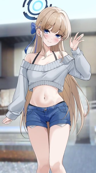 Anime picture 2086x3723 with blue archive toki (blue archive) lebring single long hair tall image looking at viewer blush fringe highres blue eyes blonde hair smile standing bare shoulders blunt bangs long sleeves head tilt arm up blurry