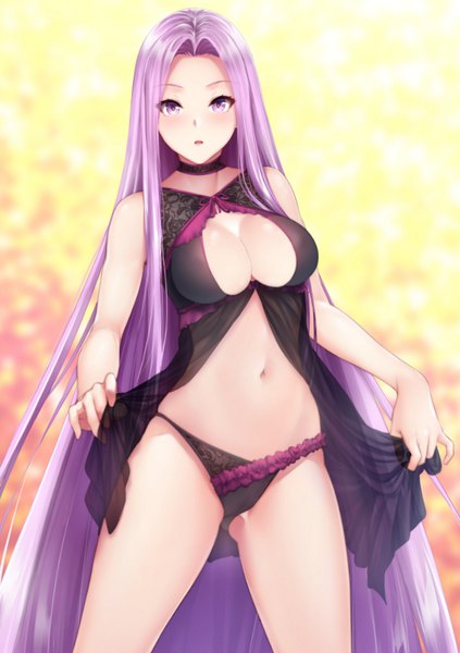 Anime-Bild 705x1000 mit fate (series) fate/stay night rider zucchini single tall image looking at viewer blush breasts open mouth light erotic standing purple eyes bare shoulders purple hair very long hair blurry bare belly depth of field sideboob