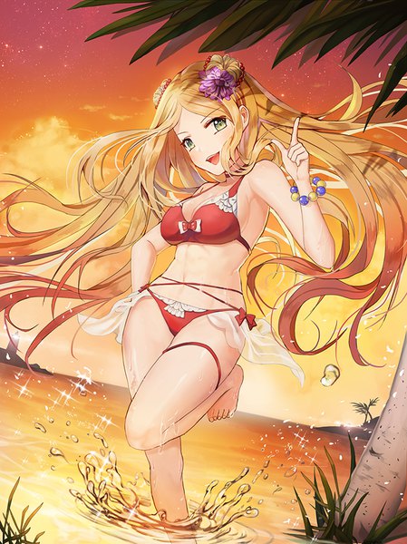 Anime picture 700x935 with original roang single long hair tall image looking at viewer blush breasts open mouth light erotic blonde hair smile standing bare shoulders green eyes sky cleavage cloud (clouds) outdoors :d