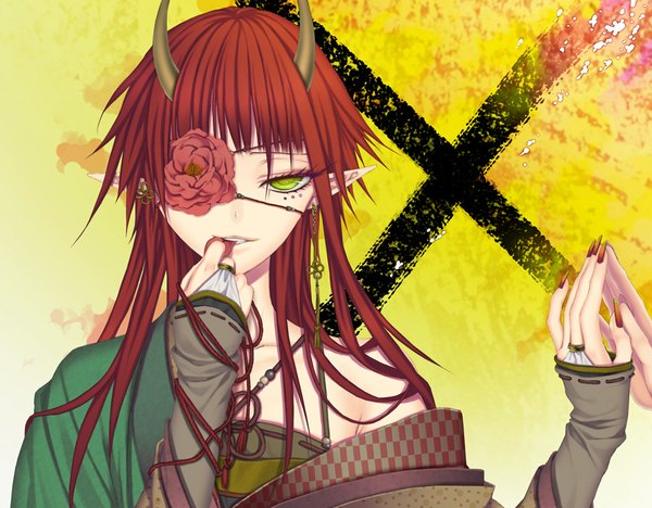 Anime picture 1000x780 with original tsukino omame single long hair looking at viewer green eyes red hair horn (horns) pointy ears oni horns girl petals eyepatch