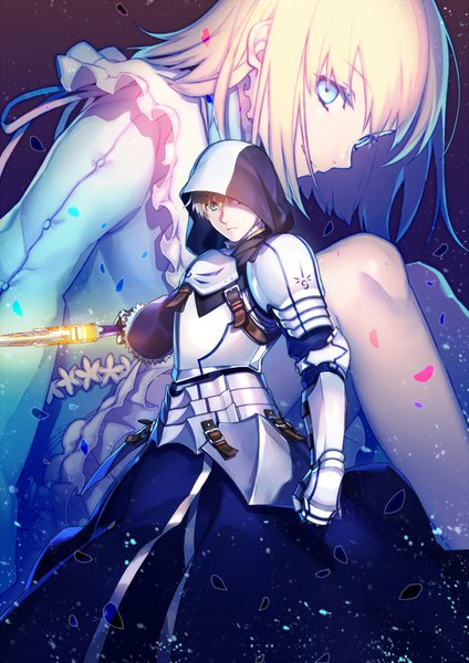 Anime picture 1000x1414 with fate (series) fate/prototype arthur pendragon (fate) sajou manaka nakahara (mu tation) tall image looking at viewer fringe short hair blue eyes simple background blonde hair standing bent knee (knees) head tilt profile outstretched arm glowing weapon girl boy