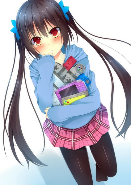 Anime picture 707x1000 with original yahiro (anhnw) single long hair tall image looking at viewer blush black hair red eyes twintails embarrassed no shoes girl skirt pantyhose jacket controller gamepad psp