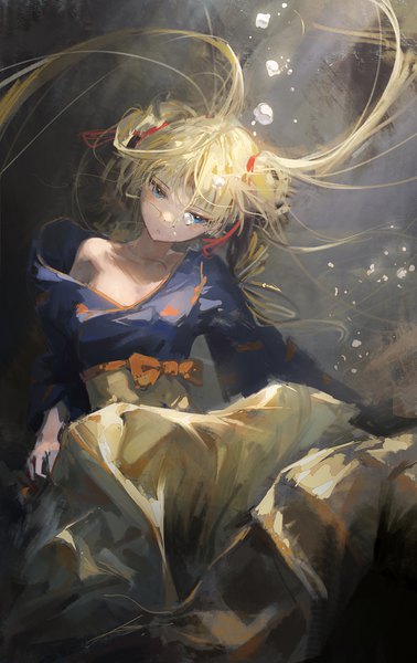 Anime picture 1500x2381 with virtual youtuber hololive hololive english watson amelia dino (dinoartforame) single long hair tall image blue eyes blonde hair twintails traditional clothes japanese clothes off shoulder official alternate costume underwater girl bubble (bubbles) hakama