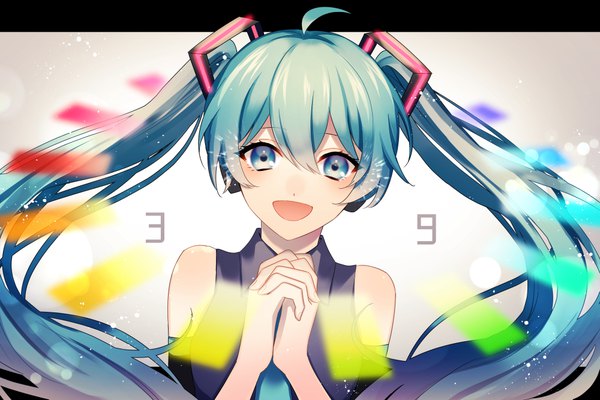 Anime picture 1000x667 with vocaloid hatsune miku umeno shii single long hair looking at viewer fringe open mouth hair between eyes twintails bare shoulders upper body ahoge aqua eyes aqua hair hands clasped interlocked fingers 39 girl
