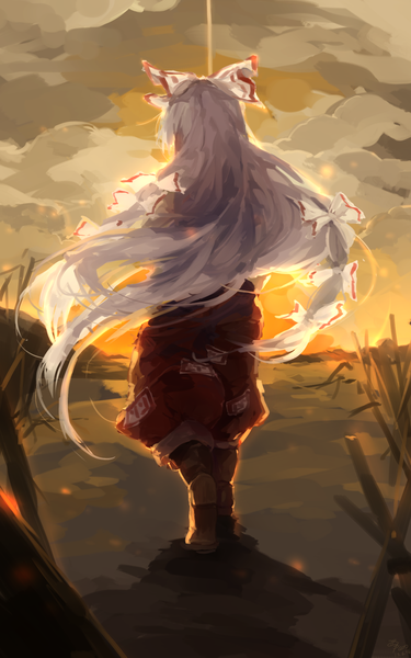 Anime picture 1200x1920 with touhou fujiwara no mokou mikuru rumisora single long hair tall image signed cloud (clouds) white hair very long hair from behind evening sunset girl bow hair bow boots pants