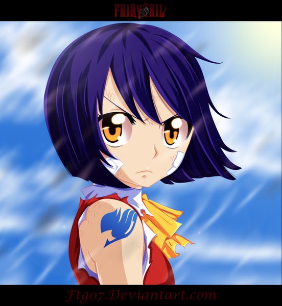 Anime picture 1596x1733 with fairy tail wendy marvell ftg07 single tall image short hair yellow eyes blue hair sky cloud (clouds) sunlight loli tattoo coloring torn clothes sunbeam bandaid on face girl bowtie bandaid