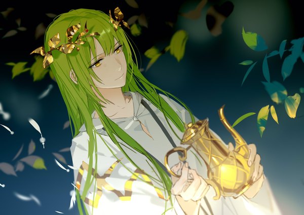 Anime picture 2048x1448 with fate (series) fate/strange fake enkidu (fate) rrr (reason) single long hair fringe highres holding yellow eyes looking away upper body green hair boy wreath teapot