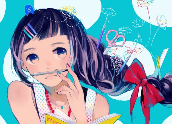 Anime picture 1500x1083 with original skirtlifting single long hair blush bare shoulders purple hair braid (braids) nail polish hair flower piercing single braid polka dot multicolored eyes girl hair ornament flower (flowers) bow ribbon (ribbons) hair bow