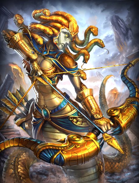 Anime picture 914x1200 with smite (game) medusa (smite) brolo single tall image yellow eyes tail monster girl snake tail lamia girl weapon animal armor bow (weapon) arrow (arrows) snake vambraces