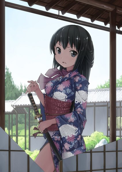 Anime picture 800x1131 with original domo1220 single long hair tall image looking at viewer open mouth black hair traditional clothes japanese clothes black eyes girl weapon sword kimono katana