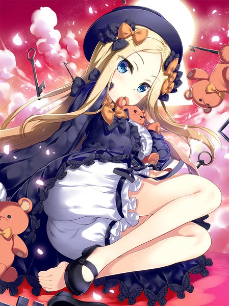 Anime picture 800x1069 with fate (series) fate/grand order abigail williams (fate) fujima takuya single long hair tall image looking at viewer blush fringe blue eyes light erotic blonde hair sky cloud (clouds) lying barefoot hug sleeves past wrists cameltoe
