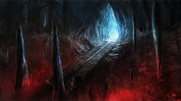 Anime picture 1600x900 with original chris cold wide image no people fantasy ruins lava stairs stone (stones) cave