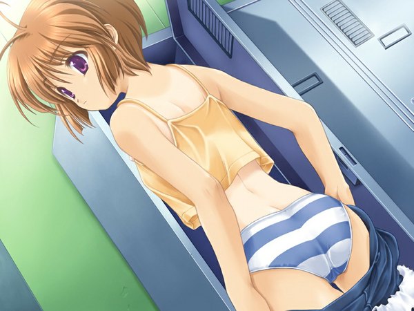 Anime picture 1024x768 with kegasareta natsu (game) light erotic brown hair purple eyes game cg girl underwear panties
