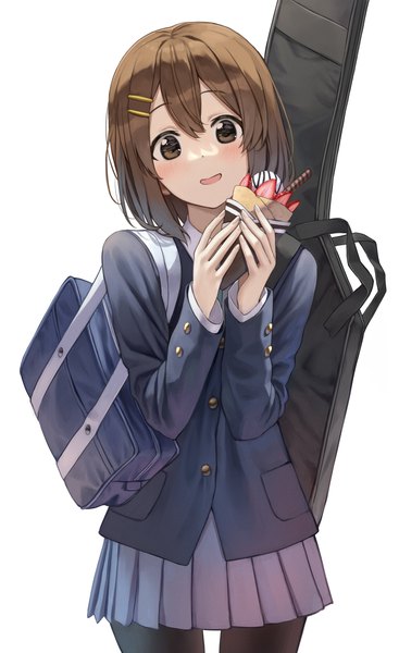 Anime picture 2082x3400 with k-on! kyoto animation hirasawa yui superpig (wlstjqdla) single tall image looking at viewer blush fringe highres short hair open mouth simple background smile hair between eyes brown hair standing white background holding brown eyes
