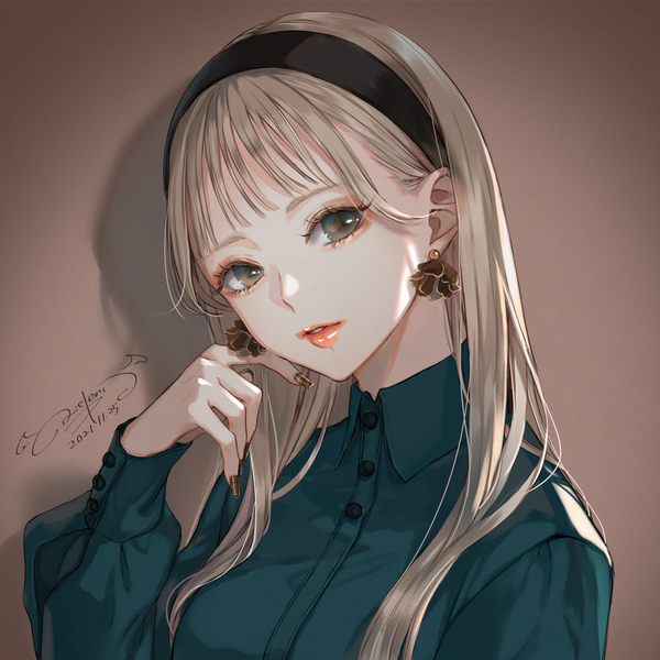 Anime picture 1800x1800 with original ao+beni single long hair looking at viewer fringe highres simple background blonde hair brown eyes signed upper body long sleeves nail polish parted lips head tilt arm up fingernails shadow lipstick
