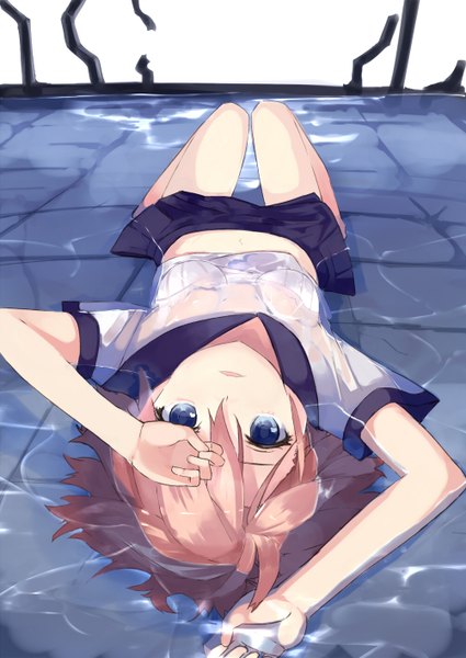 Anime picture 1002x1416 with original mazonano (artist) tall image looking at viewer short hair blue eyes light erotic brown hair lying pleated skirt wet clothes girl navel water