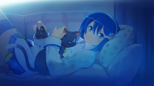 Anime picture 2134x1200 with os-tan windows (operating system) windows 7 madobe nanami wakaba sprout single looking at viewer highres short hair blue eyes smile wide image blue hair lying blurry on back wallpaper zettai ryouiki blue background girl