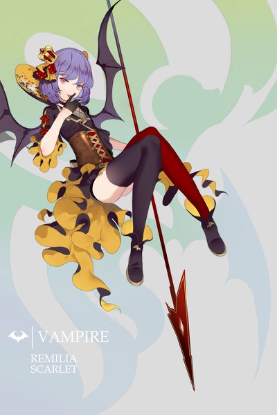 Anime picture 800x1200 with touhou remilia scarlet hillly (maiwetea) single tall image looking at viewer short hair purple eyes purple hair full body alternate costume character names finger to mouth bat wings different thighhighs girl thighhighs gloves wings black gloves
