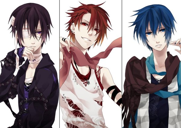 Anime picture 900x637 with vocaloid kaito (vocaloid) akaito taito (vocaloid) kyo zip fringe short hair blue eyes black hair simple background smile hair between eyes red eyes white background purple eyes blue hair upper body red hair nail polish multiple boys
