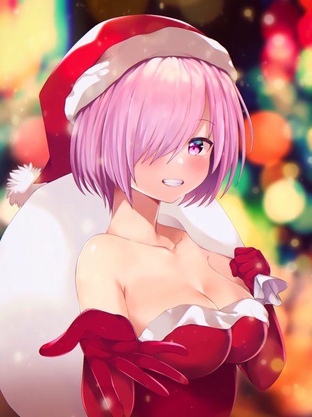 Anime picture 1198x1600 with fate (series) fate/grand order mash kyrielight sabi (rupf2384) single tall image looking at viewer blush fringe short hair breasts light erotic smile holding pink hair cleavage upper body outdoors pink eyes blurry