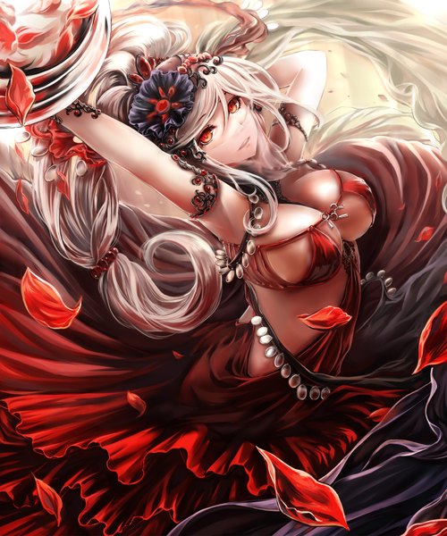 Anime picture 1428x1714 with original gin ji single long hair tall image breasts light erotic red eyes large breasts white hair girl dress hair ornament petals
