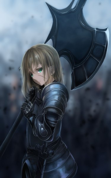Anime picture 1350x2160 with original mikisai single long hair tall image looking at viewer fringe hair between eyes brown hair standing holding green eyes upper body outdoors depth of field scar weapon over shoulder knight girl weapon