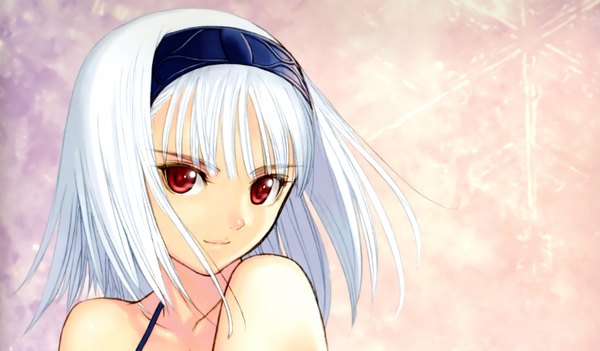 Anime picture 2980x1746 with shining wind blanc neige tony taka single looking at viewer highres short hair smile red eyes wide image bare shoulders white hair girl hairband
