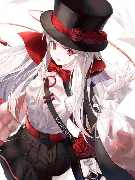 Anime picture 1440x1920 with arknights warfarin (arknights) warfarin (the feast) (arknights) frostscent single long hair tall image looking at viewer fringe breasts open mouth simple background red eyes standing white background silver hair upper body long sleeves arm up from above