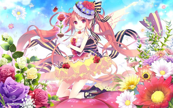 Anime picture 1200x750 with original e-nya single looking at viewer blush open mouth red eyes twintails pink hair sky cloud (clouds) very long hair girl dress gloves flower (flowers) ribbon (ribbons) hair ribbon hat boots