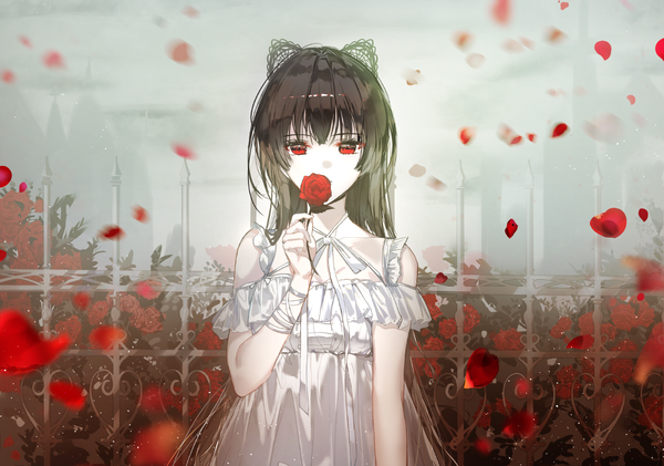 Anime picture 1200x843 with original naru (ul) single long hair looking at viewer fringe black hair hair between eyes red eyes standing holding animal ears upper body outdoors blunt bangs fake animal ears covered mouth fog girl dress
