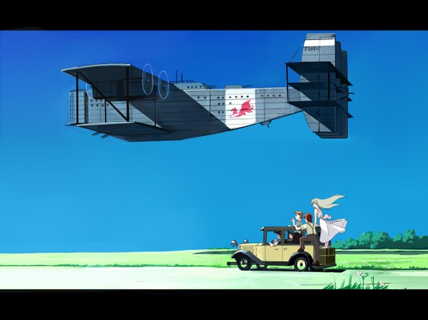 Anime picture 1280x959 with original seo tatsuya long hair blonde hair sky letterboxed dress sundress ground vehicle car aircraft airplane biplane