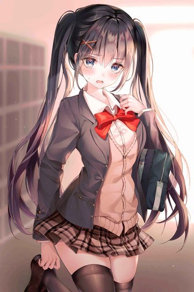 Anime picture 3000x4512 with original icebox46 single long hair tall image looking at viewer blush fringe highres open mouth blue eyes black hair hair between eyes standing twintails indoors long sleeves pleated skirt arm up blurry