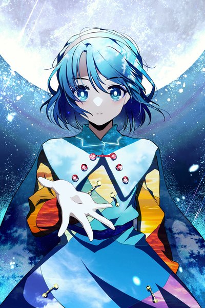Anime-Bild 800x1200 mit touhou tenkyuu chimata hichou single tall image looking at viewer short hair blue eyes blue hair upper body outstretched hand expressionless sky print girl dress moon headband cape full moon