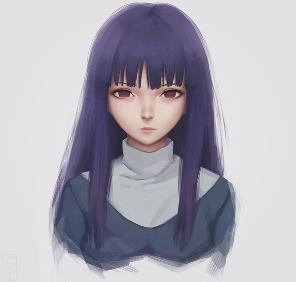 Anime picture 1282x1224 with kara no kyoukai type-moon asagami fujino miura-n315 single long hair fringe red eyes purple hair upper body blunt bangs lips realistic grey background portrait expressionless girl