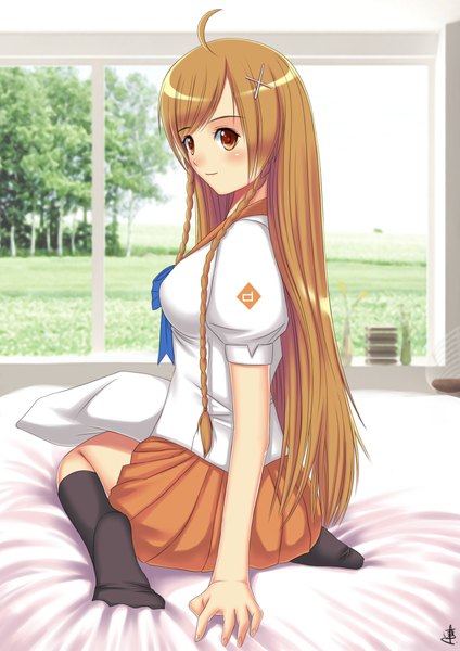 Anime picture 2893x4092 with xiao lian single long hair tall image blush highres brown hair brown eyes signed ahoge braid (braids) looking back twin braids girl skirt uniform school uniform miniskirt socks black socks