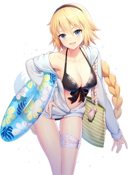 Anime picture 900x1200 with fate (series) fate/grand order jeanne d'arc (fate) (all) jeanne d'arc (swimsuit archer) ririko (zhuoyandesailaer) single long hair tall image looking at viewer blush fringe breasts open mouth blue eyes light erotic simple background blonde hair smile hair between eyes large breasts