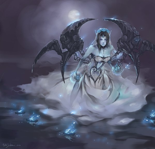 Anime picture 1000x963 with league of legends morgana (league of legends) riyokusakimori (artist) single long hair looking at viewer blue eyes bare shoulders hair flower pointy ears lipstick magic wedding girl dress hair ornament flower (flowers) wings choker chain
