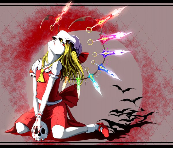 Anime picture 1400x1200 with touhou flandre scarlet hybrid (1212apro) single looking at viewer short hair blonde hair red eyes sitting head tilt short sleeves puffy sleeves glowing wariza letterboxed glowing eye (eyes) pale skin blood on face alternate wings girl
