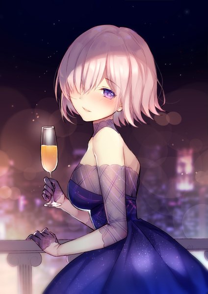 Anime picture 1280x1811 with fate (series) fate/grand order mash kyrielight bison cangshu single tall image looking at viewer blush fringe short hair breasts smile standing purple eyes holding pink hair outdoors head tilt hair over one eye off shoulder