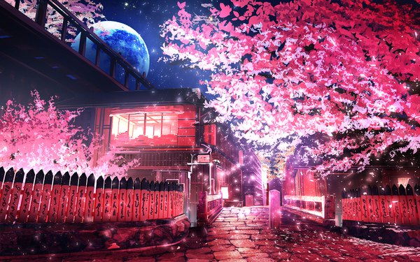Anime picture 1920x1200 with original smile (qd4nsvik) highres night night sky text cherry blossoms no people scenic architecture spring east asian architecture kyoto plant (plants) tree (trees) building (buildings) moon