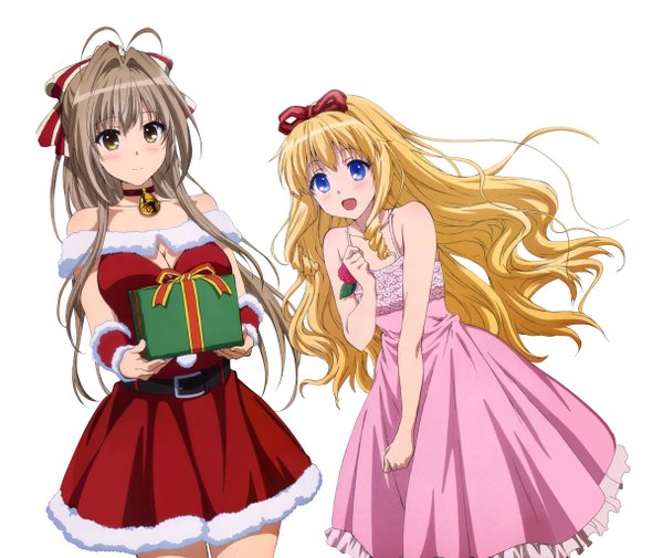 Anime picture 4857x4091 with amagi brilliant park kyoto animation sento isuzu latifa fleuranza long hair blush highres open mouth blue eyes simple background blonde hair brown hair white background bare shoulders multiple girls brown eyes absurdres ponytail scan girl