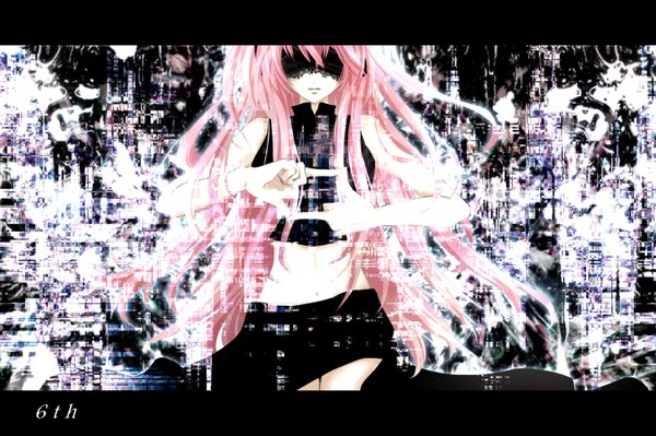 Anime picture 1500x998 with vocaloid megurine luka aonoe single long hair fringe standing pink hair midriff alternate costume sleeveless girl navel