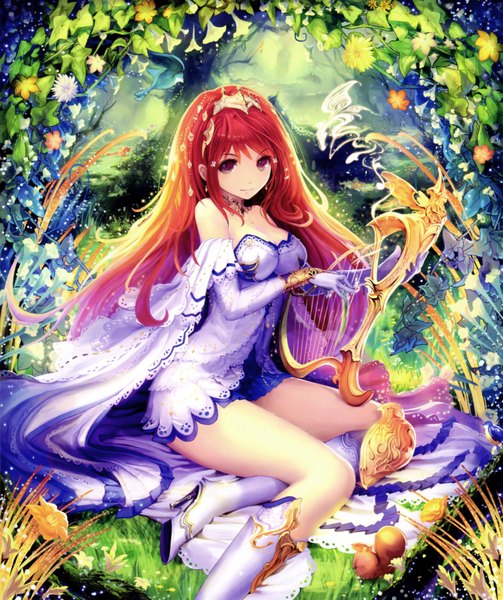 Anime picture 3665x4369 with shingeki no bahamut tachikawa mushimaro (bimo) single long hair tall image looking at viewer highres red eyes absurdres red hair scan girl dress gloves hair ornament flower (flowers) elbow gloves boots white gloves musical instrument