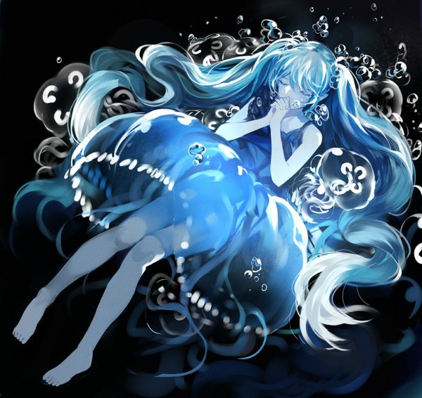 Anime picture 913x862 with vocaloid hatsune miku ran (pixiv2957827) single long hair simple background twintails eyes closed barefoot from above legs black background wavy hair knees touching girl dress bubble (bubbles)
