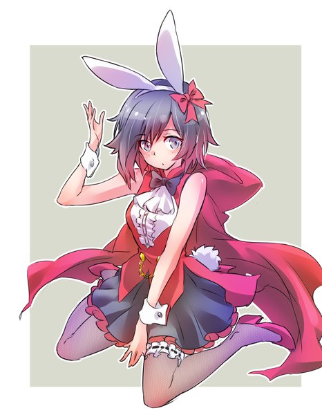 Anime picture 1863x2400 with rwby rooster teeth ruby rose iesupa single tall image looking at viewer highres black hair simple background sitting animal ears full body tail animal tail grey eyes bunny ears sleeveless wariza fake animal ears