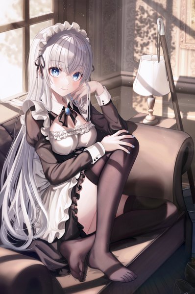 Anime picture 4400x6633 with original funii single long hair tall image looking at viewer blush fringe highres breasts blue eyes large breasts sitting absurdres cleavage silver hair full body bent knee (knees) indoors long sleeves