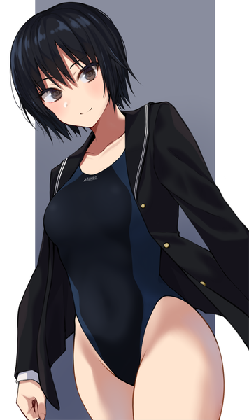 Anime picture 594x1000 with amagami nanasaki ai gomashi (goma) single tall image looking at viewer blush short hair light erotic black hair simple background smile standing long sleeves head tilt grey background open clothes clothes writing sailor collar highleg