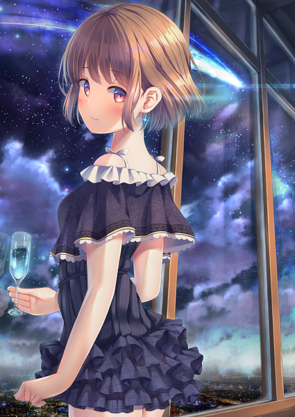 Anime picture 2704x3818 with original unwitherer single tall image looking at viewer blush fringe highres short hair smile red eyes brown hair standing holding payot cloud (clouds) indoors blunt bangs looking back from behind
